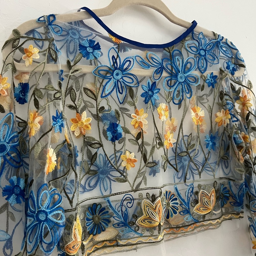 Embroidered Floral Sheer Crop Top - Picture 2 of 5